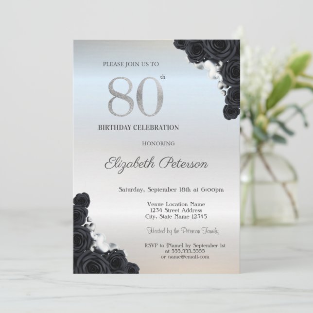Invitación Rosas Negras Elegantes Cumpleaños 80 Plata  (Anverso de pie)