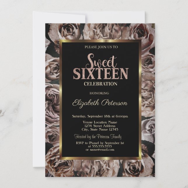 Invitación Rosas Negras Elegantes Dulces 16 (Anverso)