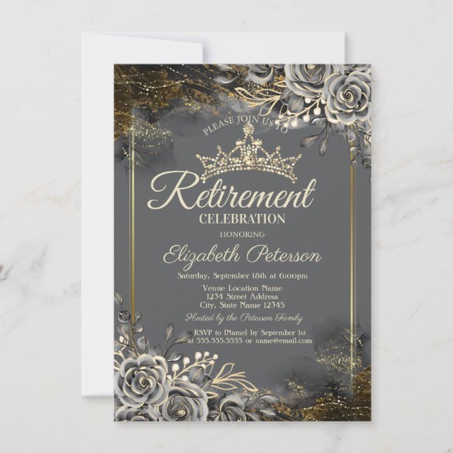 Invitación Rosas Negras Elegantes Jubilación Gris (Anverso)