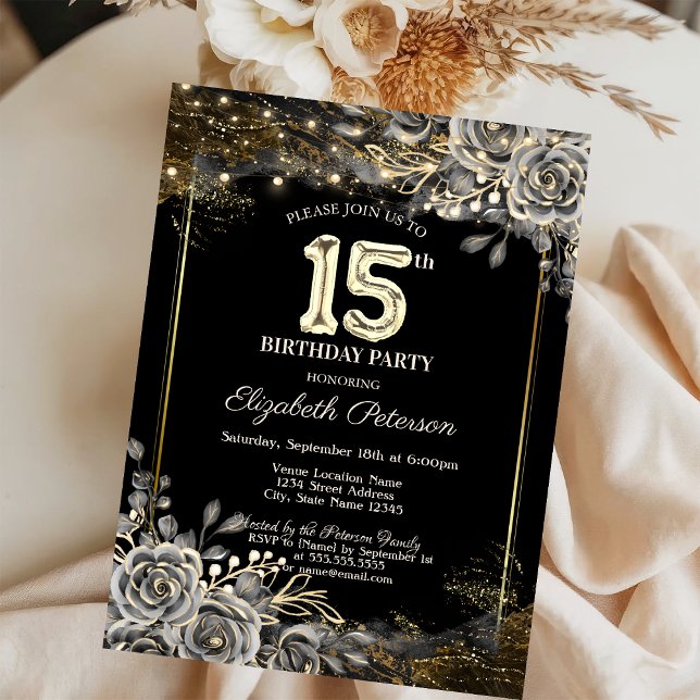 Invitación Rosas Negras Elegantes, Luces Cumpleaños Negro 15 (Subido por el creador)
