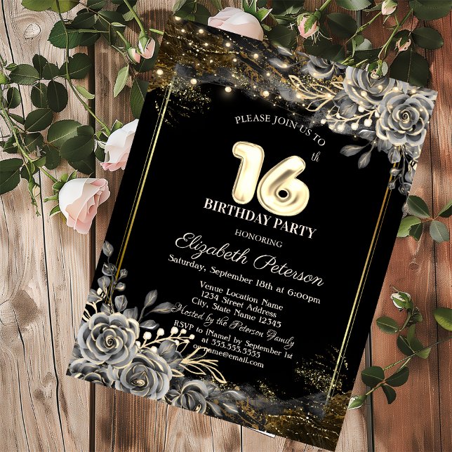 Invitación Rosas Negras Elegantes, Luces Cumpleaños Negro 16 (Subido por el creador)
