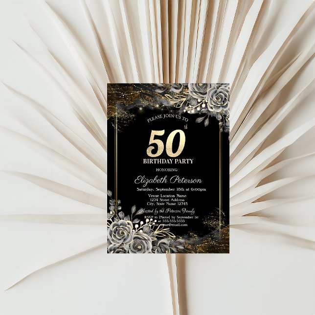 Invitación Rosas Negras Elegantes, Luces Cumpleaños Negro 50 (Subido por el creador)