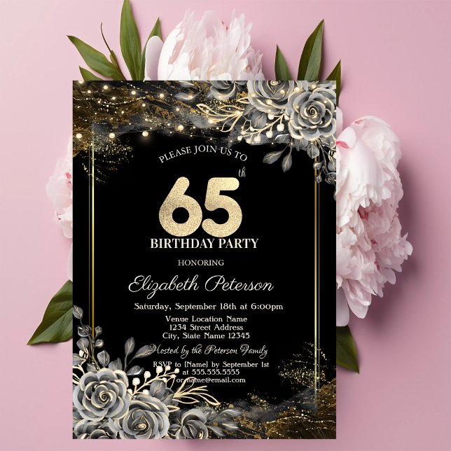 Invitación Rosas Negras Elegantes, Luces Cumpleaños Negro 65 (Subido por el creador)