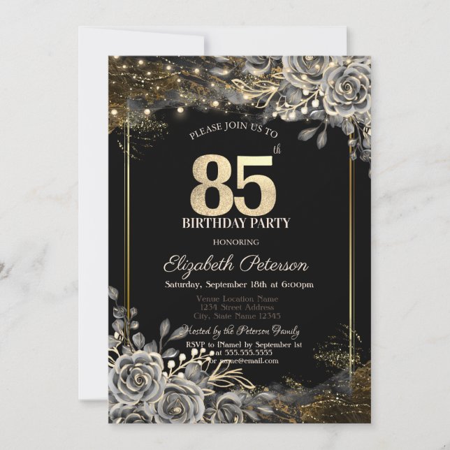 Invitación Rosas Negras Elegantes, Luces Cumpleaños Negro 85 (Anverso)