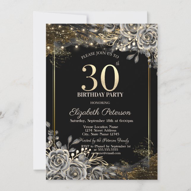 Invitación Rosas Negras Elegantes, Luces de Cadena Cumpleaños (Anverso)