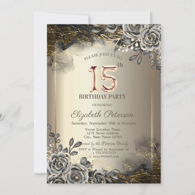 Invitación Rosas Negras Elegantes, Luces de Cadena Cumpleaños (Anverso)