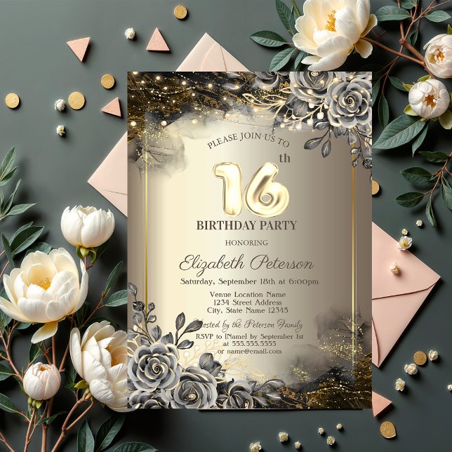 Invitación Rosas Negras Elegantes,Luces de Cadena Cumpleaños  (Subido por el creador)