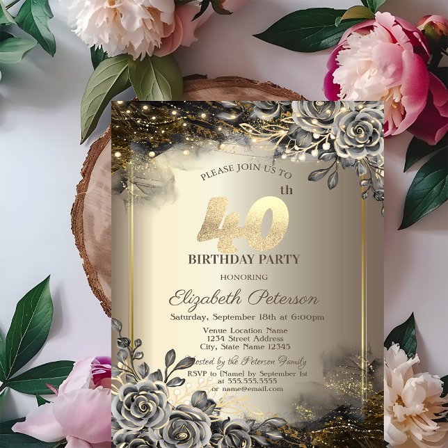 Invitación Rosas Negras Elegantes,Luces de Cadena Cumpleaños  (Subido por el creador)