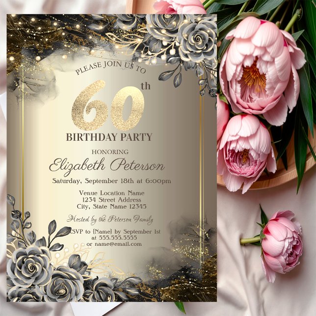 Invitación Rosas Negras Elegantes, Luces de Cadena Cumpleaños (Subido por el creador)