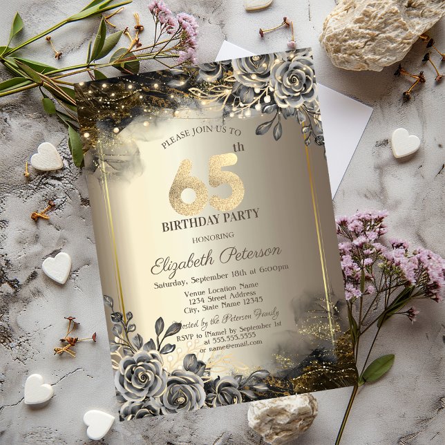 Invitación Rosas Negras Elegantes, Luces de Cadena Cumpleaños (Subido por el creador)