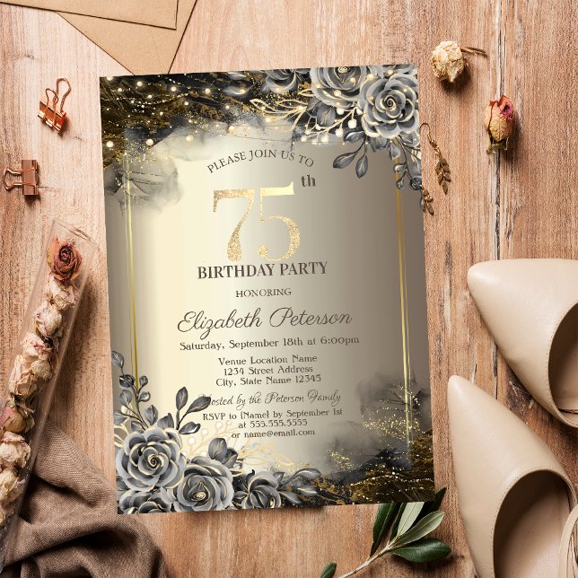Invitación Rosas Negras Elegantes, Luces de Cadena Cumpleaños (Subido por el creador)