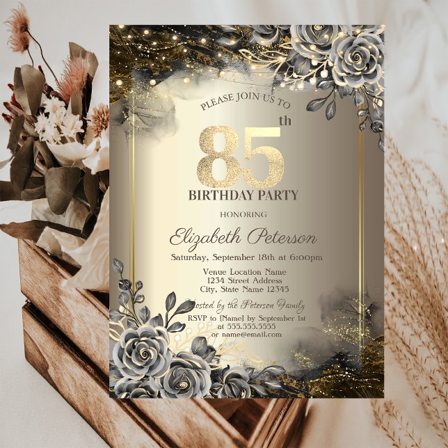 Invitación Rosas Negras Elegantes, Luces de Cadena Cumpleaños (Subido por el creador)
