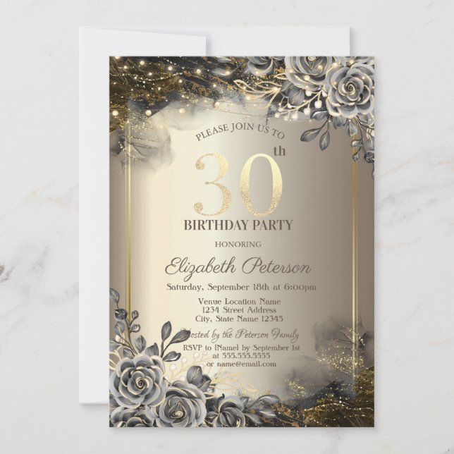 Invitación Rosas Negras Elegantes, Luces de Cadena Cumpleaños (Anverso)