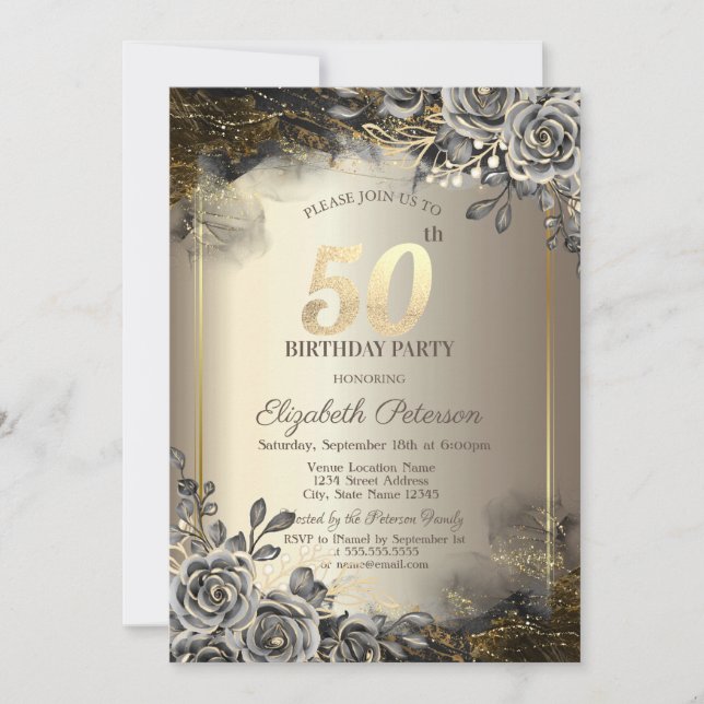 Invitación Rosas Negras Elegantes, Luces de Cadena Cumpleaños (Anverso)