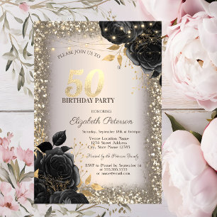Invitación Rosas Negras, Luces Brillantes Marco 50 Cumpleaños