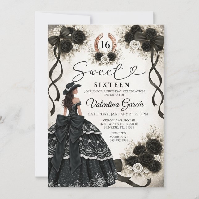 Invitación Rosas Negras Occidentales Princesa Cumpleaños Dulc (Anverso)