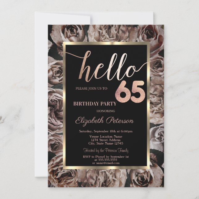 Invitación Rosas Negras Oscuras Elegantes 65 Cumpleaños (Anverso)
