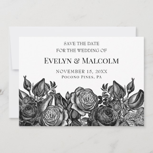 Invitación Rosas Negras sobre Blanco Guardar la Fecha STD (Anverso)