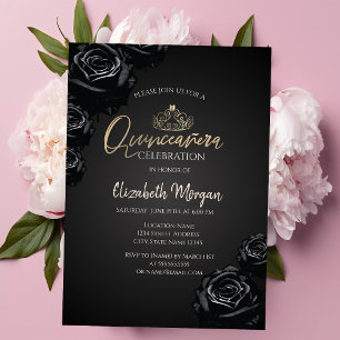Invitación Rosas Negras Tiara de Oro Quinceañera Negra