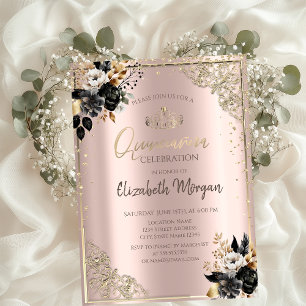 Invitación Rosas Negras,Tiara,Diamantes Quinceañera de Oro Ro
