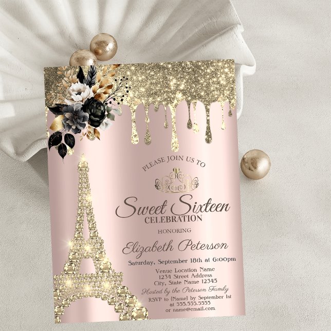 Invitación Rosas Negras Torre Eiffel Dorada con Goteo Dulces  (Subido por el creador)