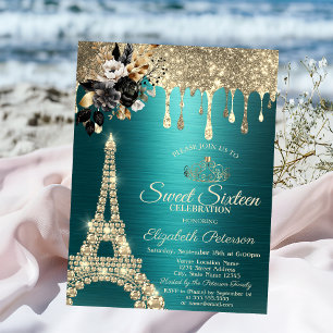 Invitación Rosas Negras Torre Eiffel Dorado Goteo Verde Dulce