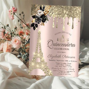 Invitación Rosas Negras Torre Eiffel Goteo Dorado