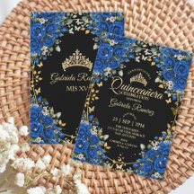 Rosas negras y azul real Quinceañera dorada