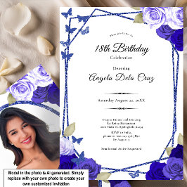 Invitación Rosas Negras y Azules Elegantes Debut Cumpleaños 1