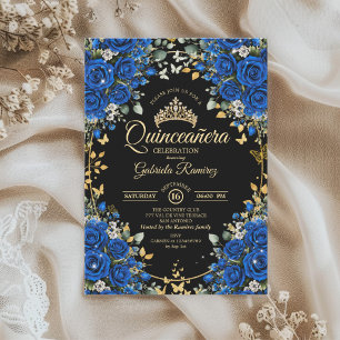 Invitación Rosas Negras y Azules Reales Quinceañera Dorada