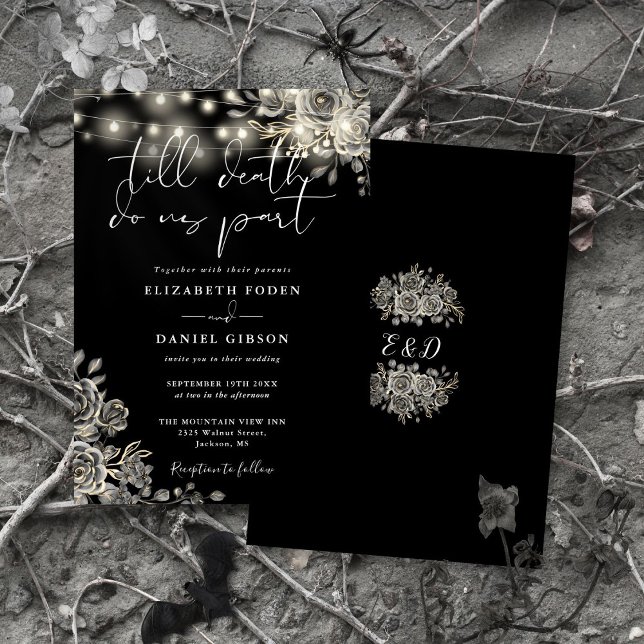 Invitación Rosas negras y blancas luces florales boda gótica (Black And White Roses Floral Lights Gothic Wedding Invitation)