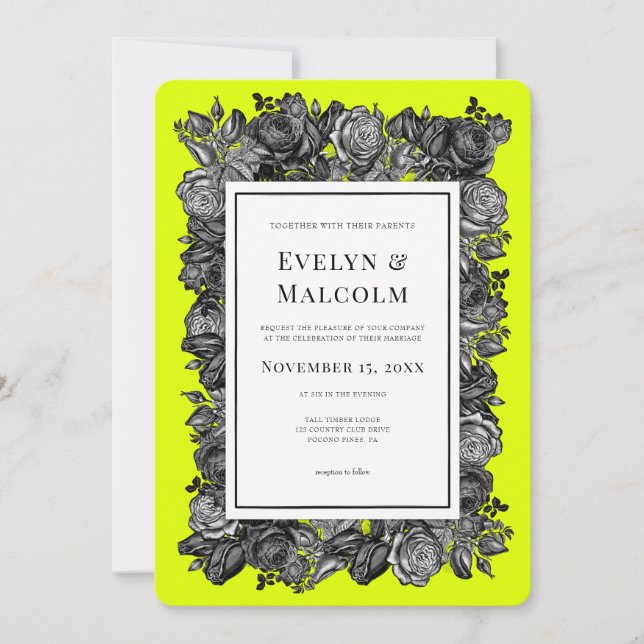 Invitación Rosas negras y blancas tiñen de Boda verde (Anverso)