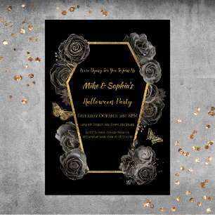 Invitación Rosas Negras y Doradas Ataúd Fiesta de Halloween p