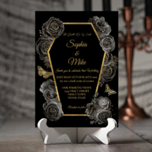 Invitación Rosas negras y doradas ataúd gótico elegante boda