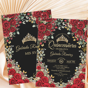 Invitación Rosas Negras y Rojas Mariposas Doradas Quinceañera