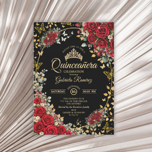Invitación Rosas Negras y Rojas Mariposas Doradas Quinceañera