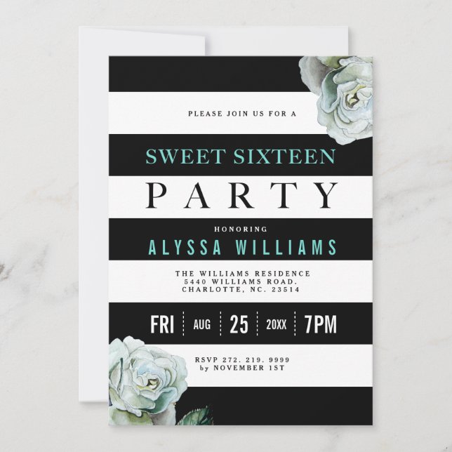 Invitación Rosas negros blancos y Verde azulados dulces 16 Fi (Anverso)