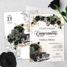 Invitación Rosas negros Chicana Classic Quince de coche de mo