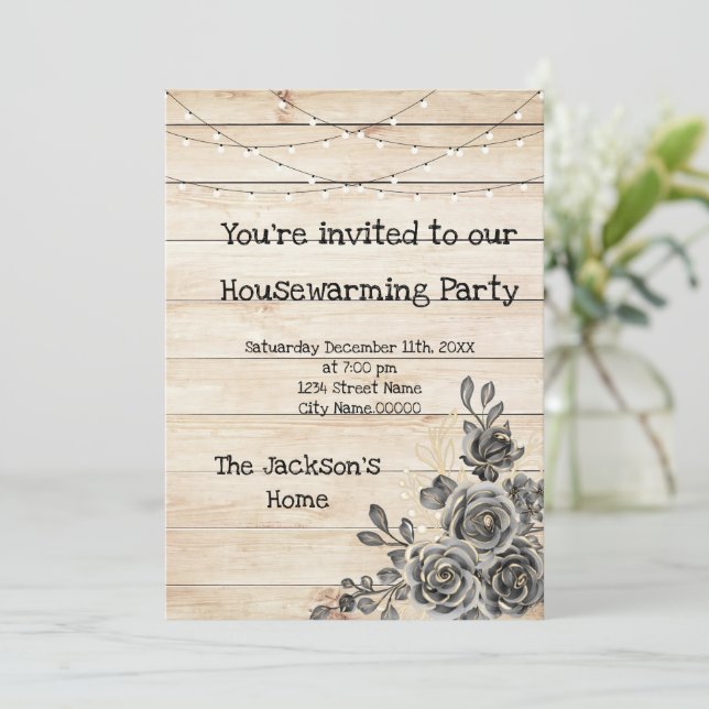Invitación Rosas negros de Barn Wood Fiesta de calentamiento  (Anverso de pie)