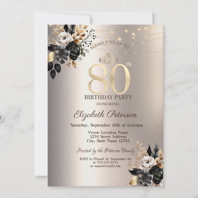 Invitación Rosas negros de cuerda de marfil 80 cumpleaños (Anverso)