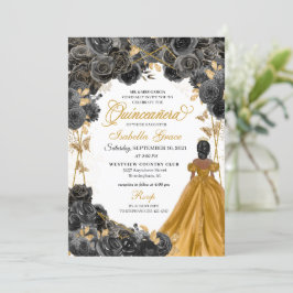 Invitación Rosas negros de oro Purpurina de mariposa Quinceañ