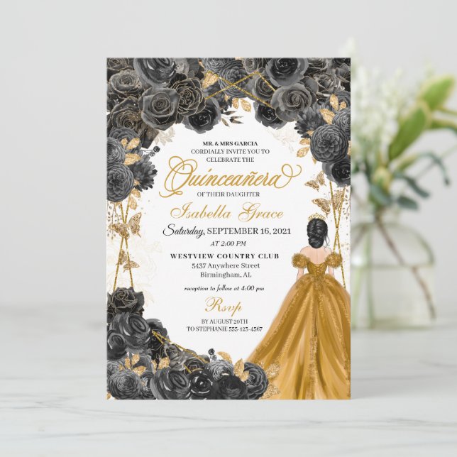 Invitación Rosas negros de oro Purpurina de mariposa Quinceañ (Anverso de pie)