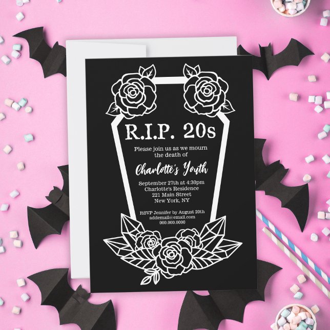 Invitación Rosas negros de Rip 2003 Fiesta de cumpleaños 30 (Rip 20s Black Roses Coffin 30th Birthday Party Invitation
)