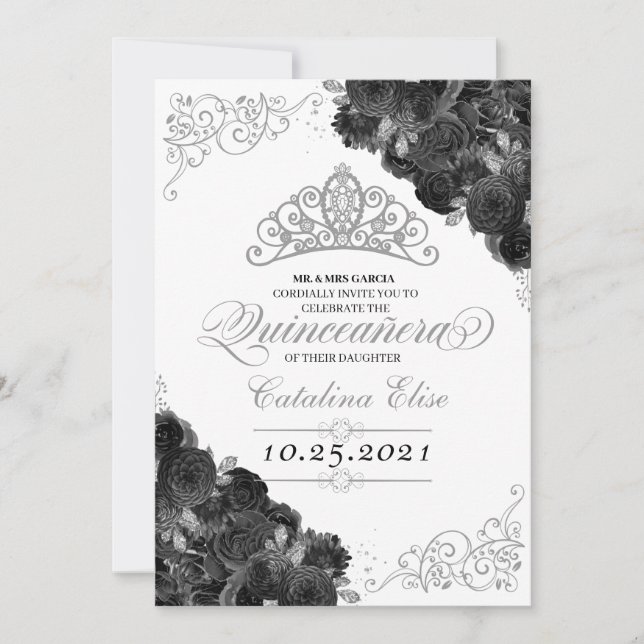 Invitación Rosas negros de Silver Tiara Purpurina Quinceañera (Anverso)