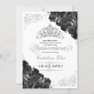 Invitación Rosas negros de Silver Tiara Purpurina Quinceañera