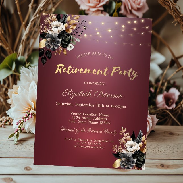 Invitación Rosas negros Fiesta de retiro rojo claro (Subido por el creador)