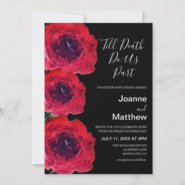 Invitación Rosas negros góticos Boda de acuarela floral (Anverso)