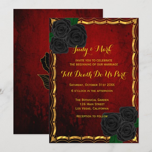 Invitación Rosas negros góticos Boda rojo de sangre (Anverso / Reverso)