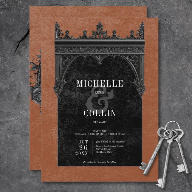 Invitación Rosas negros góticos de doble arco negro Boda de ó (Gothic Black Double Arch Black Roses Rust Wedding Invitation)