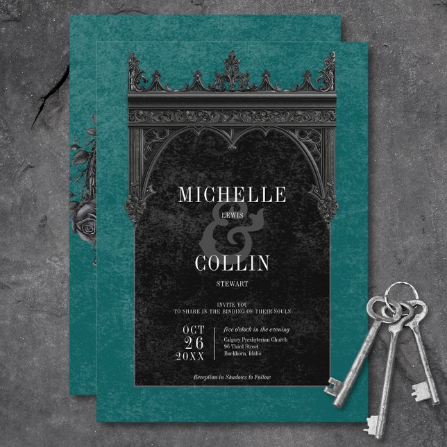 Invitación Rosas negros góticos de doble arco negro Boda Verd (Gothic Black Double Arch Black Roses Teal Wedding Invitation)